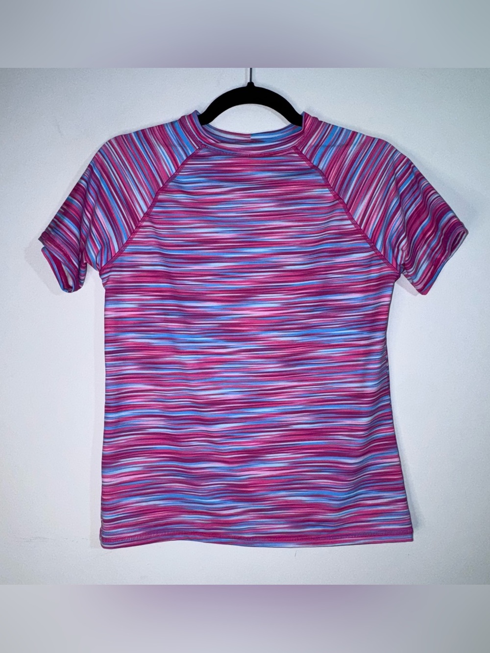 Lands’ End Kids XL 14-16 Pink Blue Striped Rash Guard Swim Shirt UPF